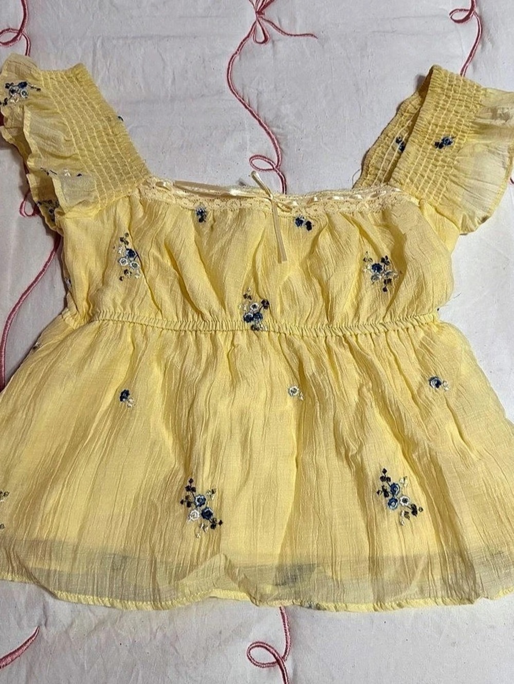 WESTFADE Pale Yellow Floral Embroidered Smocked Crop Top